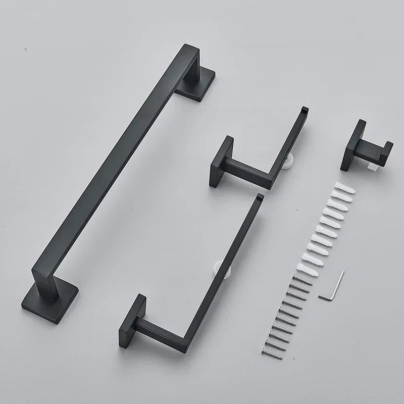 DecorBites™ Black Bathroom Hardware Set: Robe Hook, Towel Rail, Shelf, Tissue Holder