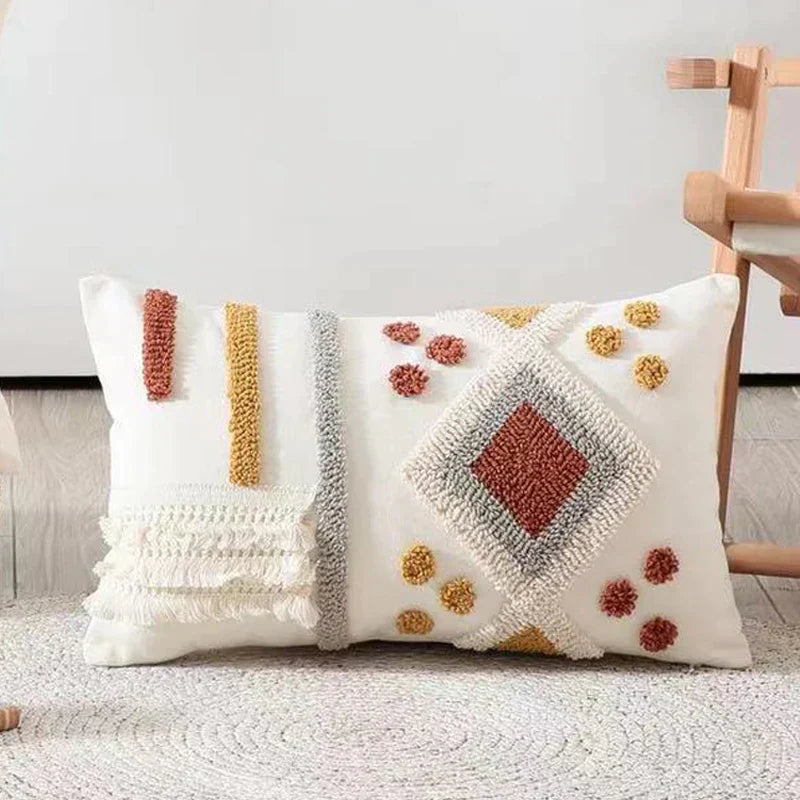 DecorBites™ Boho Ivory Brown Tufted Lace Pillow Cover 50x30/45x45cm for Living Room/Sofa
