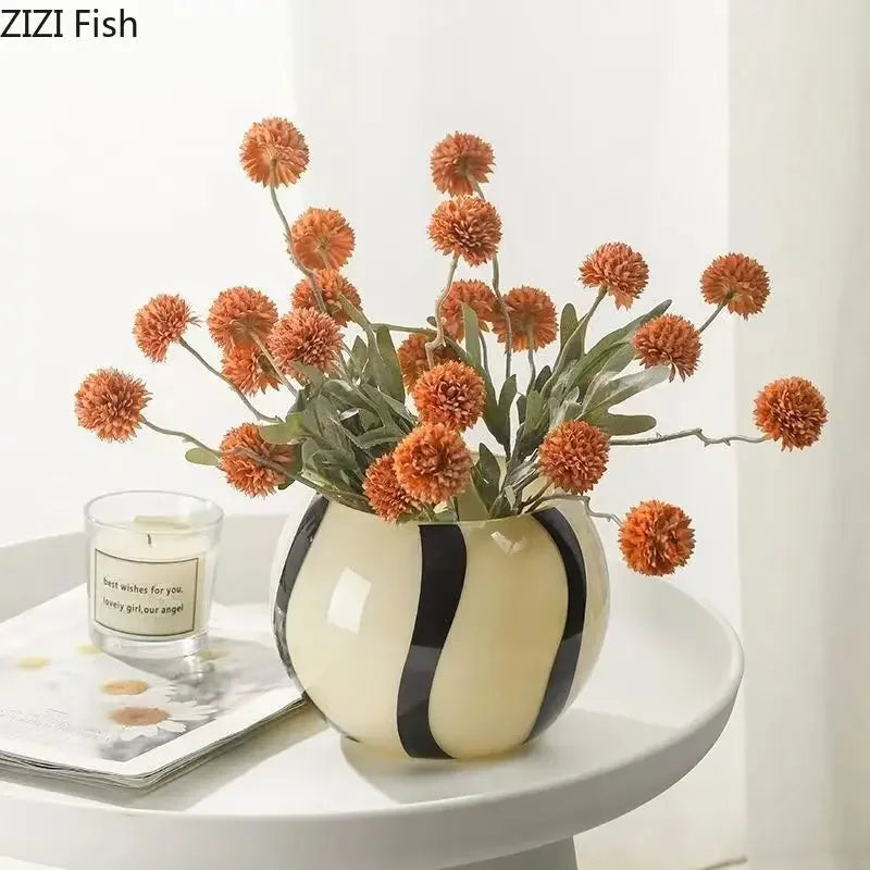 DecorBites™ Black Stripes Glass Vase Desk Decoration Artificial Flowers Pots Aesthetic Room Decor