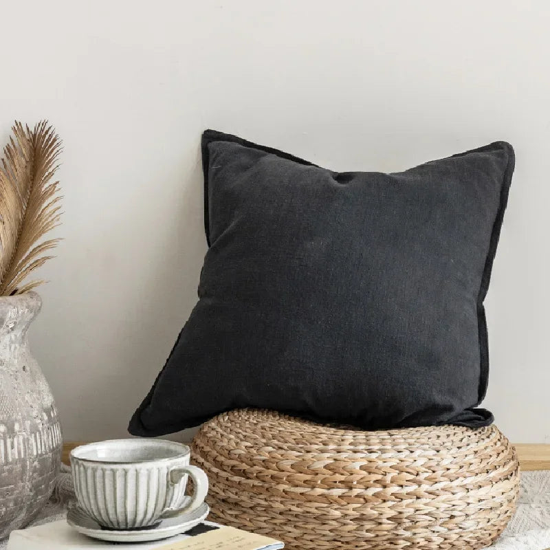 DecorBites™ Linen Pillow Cover 45x45cm with Fringe in Ivory/Dark Grey/Coffee for Home Decor