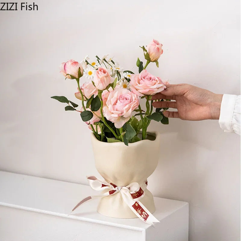 DecorBites™ Lovely Ribbon Ceramic Vase Set for Cute Room Aesthetic Decor