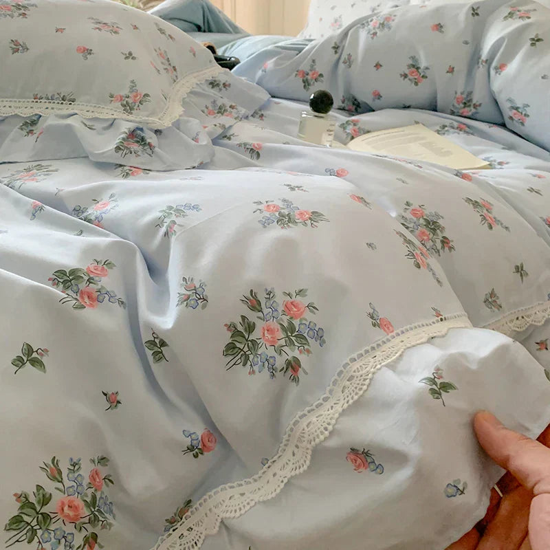 DecorBites™ Lace Ruffles Floral Velvet Patchwork Duvet Cover Bedding Set