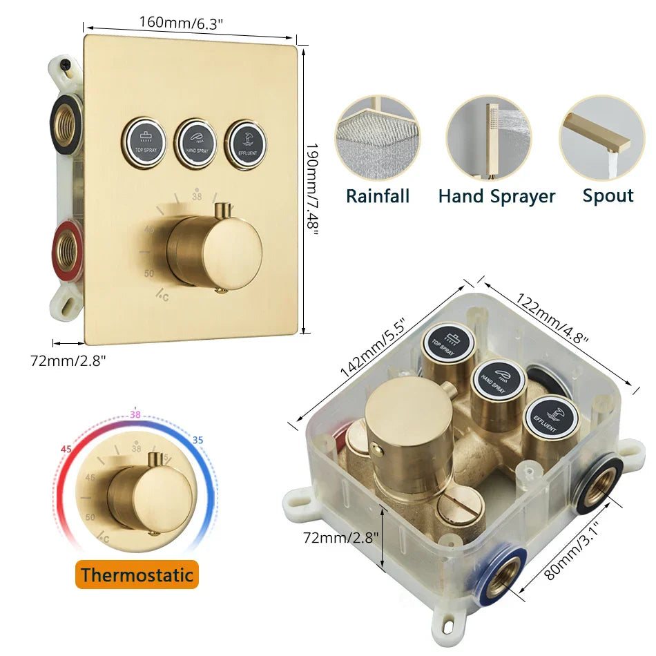 DecorBites™ Gold Thermostatic Rainfall Shower Faucet Mixer Set for Bathroom with Ceiling Wall Mount