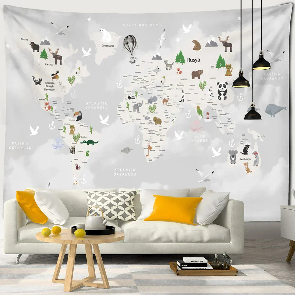 DecorBites™ Cartoon Animals Map Tapestry Wall Hanging for Cute Children's Room Decor