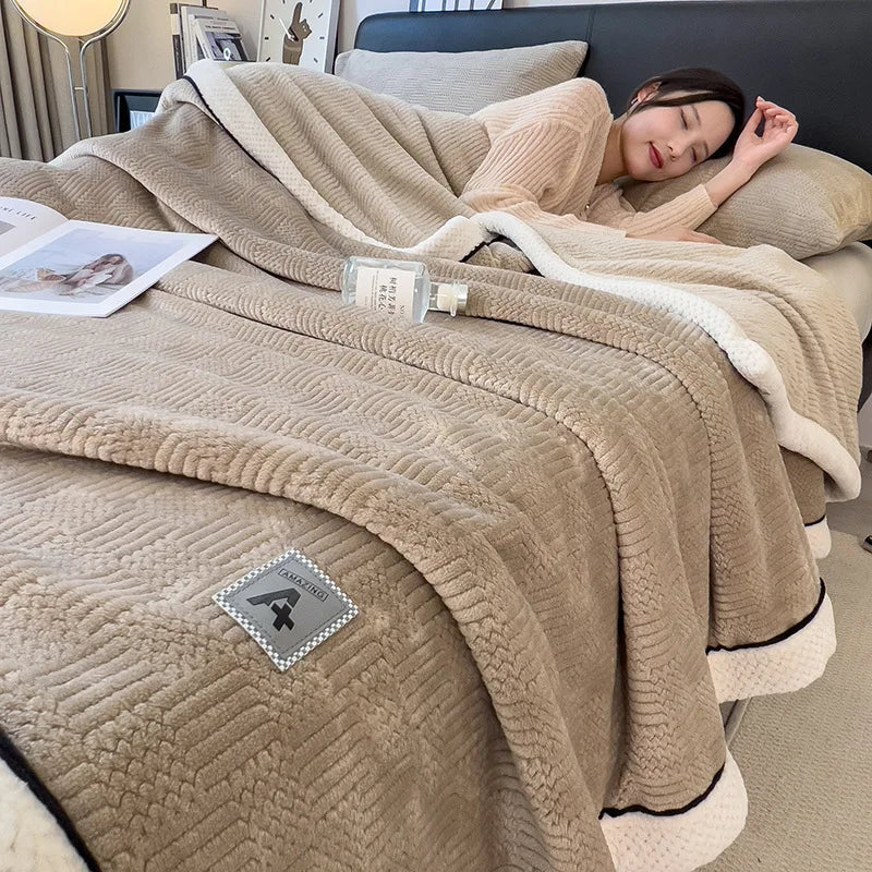 DecorBites™ Cozy Jacquard Plush Blanket - Soft Coral Fleece - All-Season - European Solid Stripes
