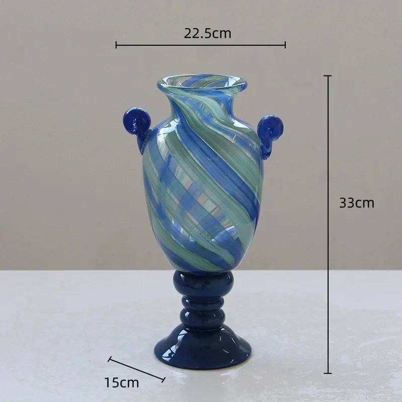 DecorBites™ Blue Striped Transparent Glass Vase - Tall Bottle Flower Pot Bouquet Holder