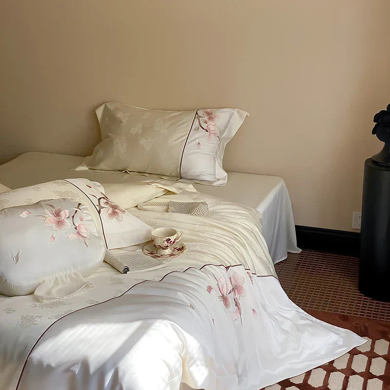 DecorBites™ Chinese Floral Embroidery Lyocell Cotton Bedding Set with Silky Softness