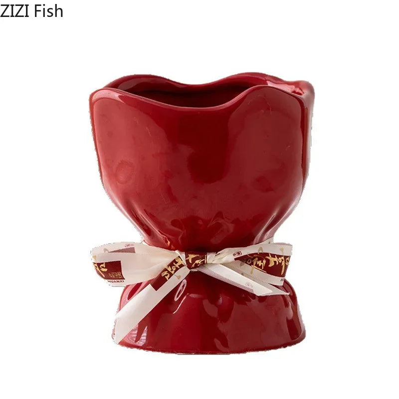 DecorBites™ Lovely Ribbon Ceramic Vase Set for Cute Room Aesthetic Decor