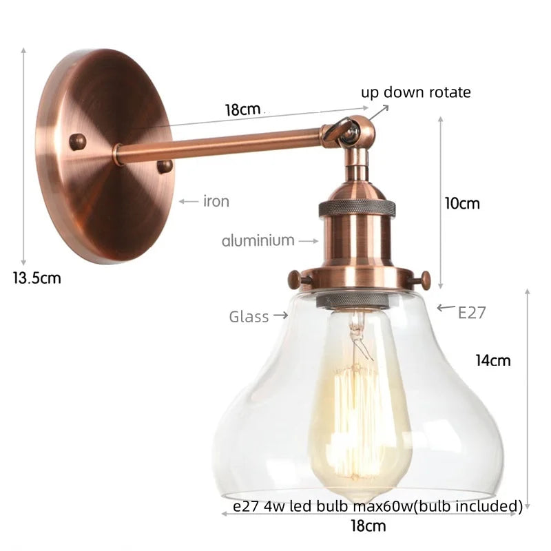 DecorBites™ Black Iron LED Wall Lights Industrial Pull Chain Switch Bedroom Dining Room Loft