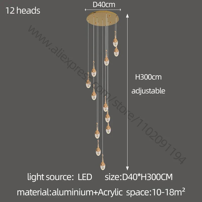 DecorBites™ Gold LED Staircase Chandelier | Luxury Large Living Room Pendant Lamp