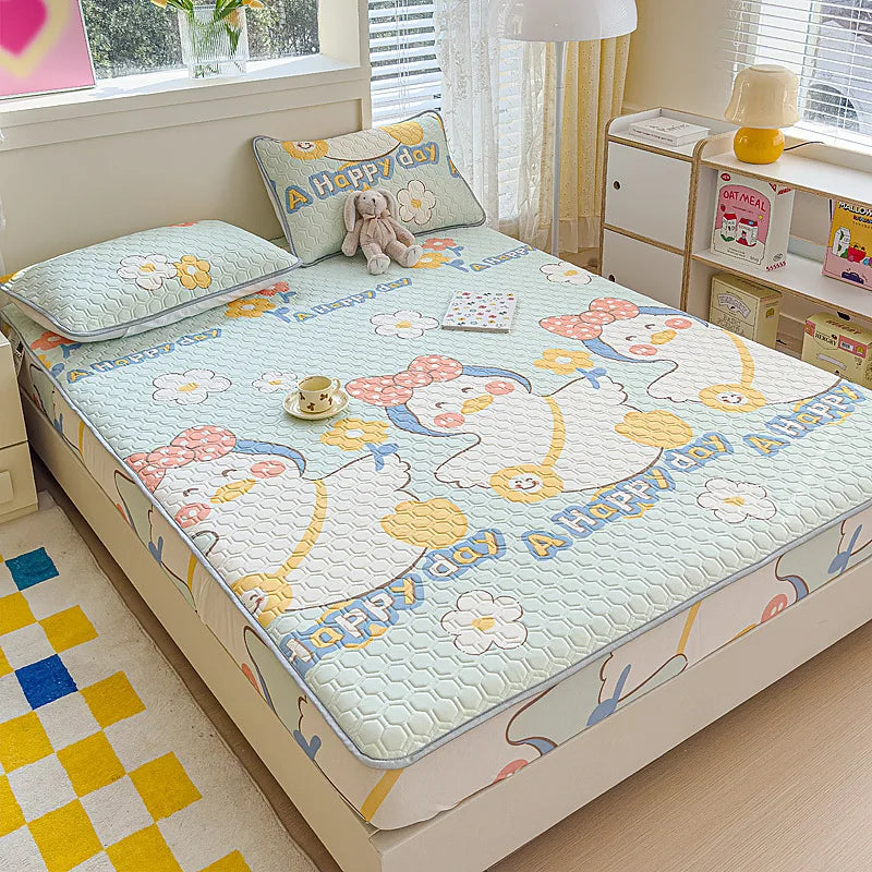 DecorBites™ Cool Silk Latex Fitted Sheet Set with Pillowcases, Summer Ice Silk, Single Double Bed