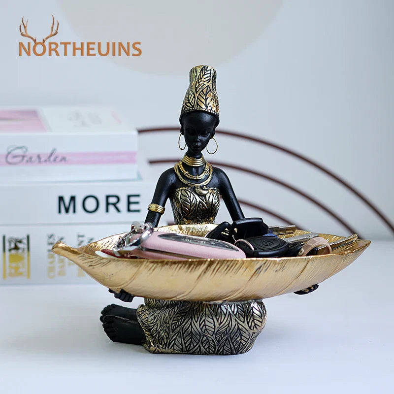 DecorBites™ Black Woman Resin Statue: Exotic Desktop Decor & Storage Container