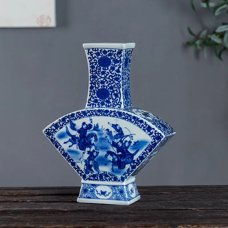 DecorBites™ Blue White Porcelain Flower Bird Two Ear Vase Antique Ornaments Jingdezhen