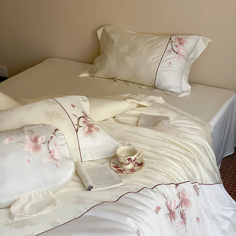 DecorBites™ Chinese Floral Embroidery Lyocell Cotton Bedding Set with Silky Softness