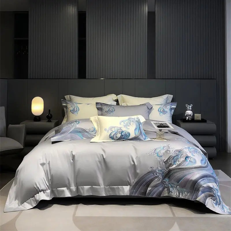 DecorBites™ Blue Tides Waves Embroidery 1200TC Luxury Bedding Set with Duvet Cover, Sheet, Pillowcases
