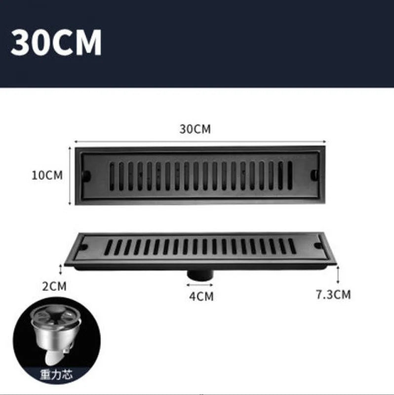 DecorBites™ Black 304 Stainless Steel Strip Floor Drain for Toilet, Shower, Large Overflow