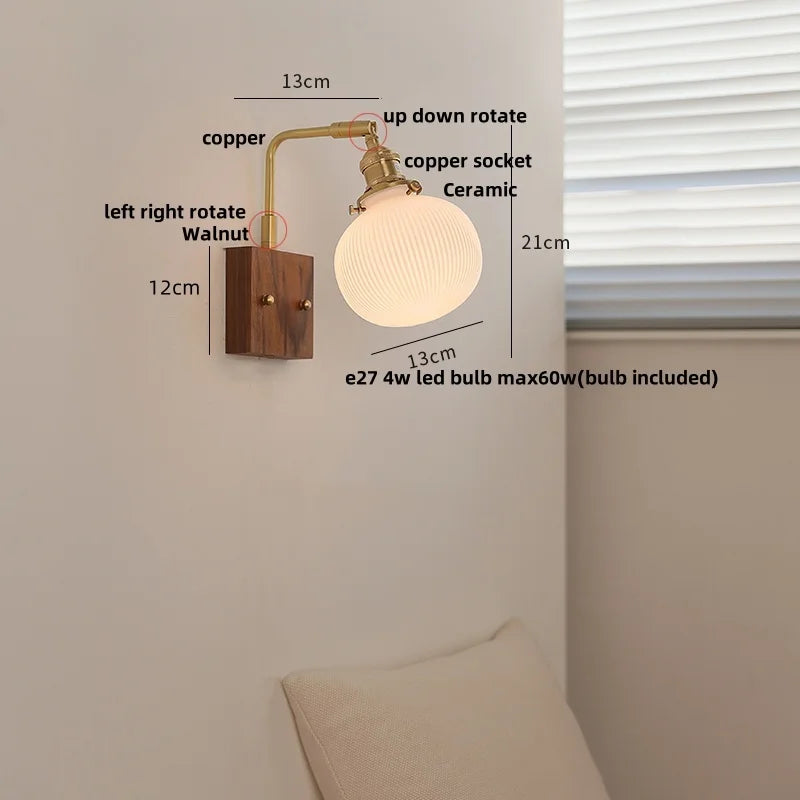 DecorBites™ Globe Ceramic Walnut Wood Wall Light with Pull Chain Switch and Rotatable Design