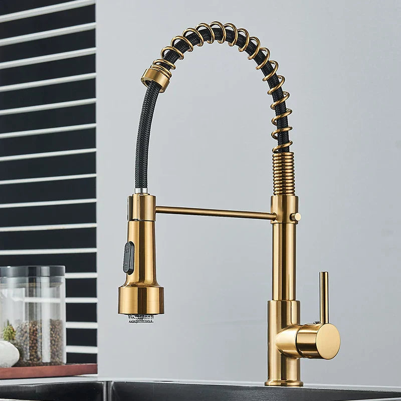 DecorBites™ Brushed Gold LED Kitchen Faucet: Single Handle Pull-down Spring Sink Tap