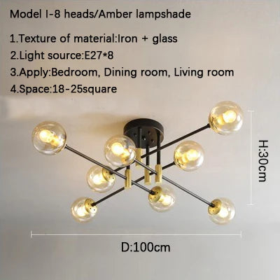 DecorBites™ Glass Ball Black Chandelier - Nordic Round Dining Table Ceiling Chandelier