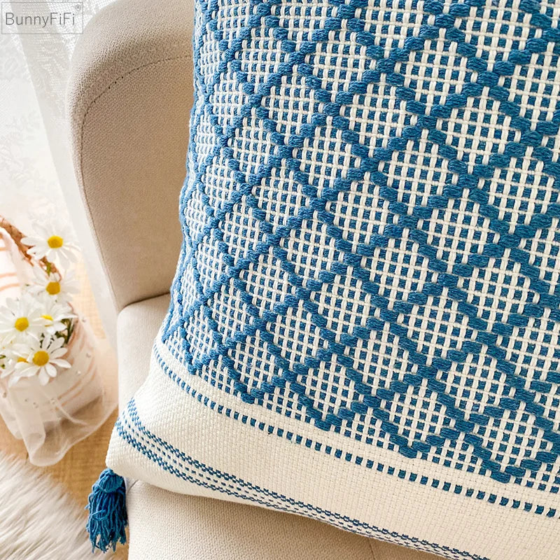 DecorBites™ Blue Diamond Jacquard Tassel Cushion Cover 45x45cm