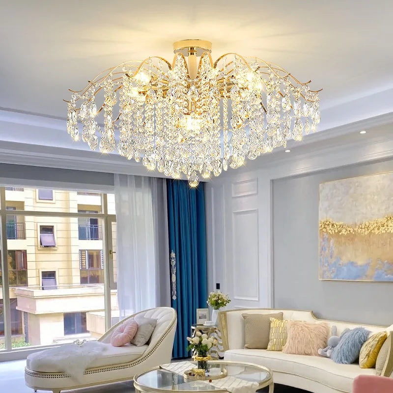 DecorBites™ K9 Crystal Gold Chandelier Ceiling Light | Bedroom Home Decor LED Ceiling Lamp