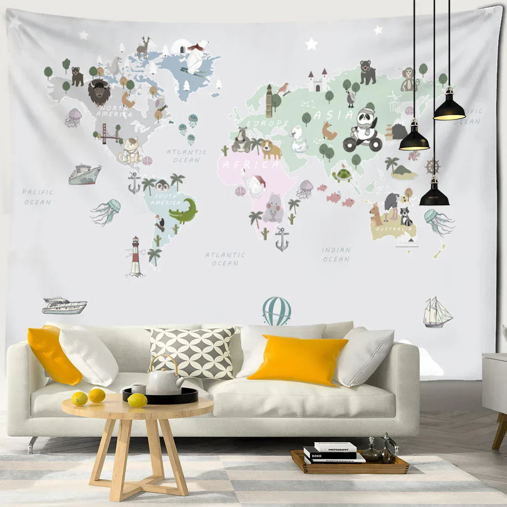 DecorBites™ Cartoon Animals Map Tapestry Wall Hanging for Cute Children's Room Decor