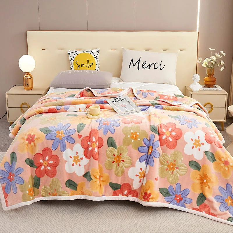 DecorBites™ Cozy Flannel Blanket for All Seasons: Double-Sided Velvet Bed Cover, Single Double