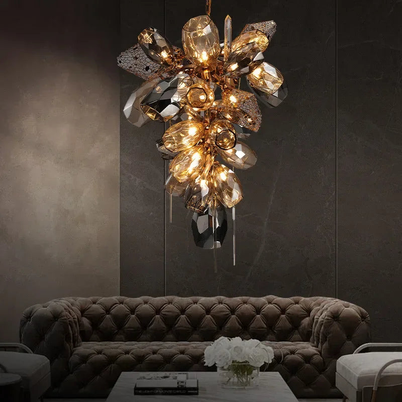 DecorBites™ Glass Shades LED Chandelier Stairs Art Metal Lighting Luxe Chain Hanging Lamp