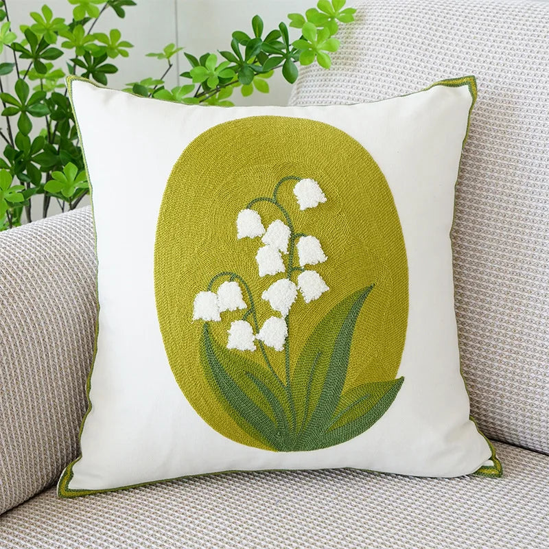 DecorBites™ Boho Floral Embroidered Canvas Cushion Cover 45*45cm for Living Room