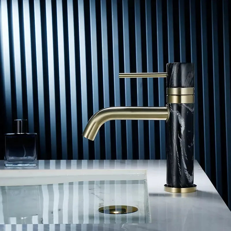 DecorBites™ Brushed Gold Bathroom Faucet with Swivel Spout and Marble Accents