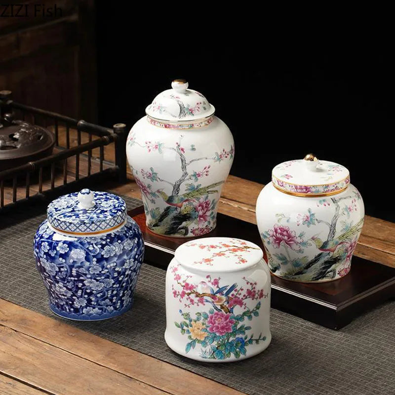 DecorBites™ Blue White Porcelain Tea Canister Organizer Box Coffee Container Caddy Jar