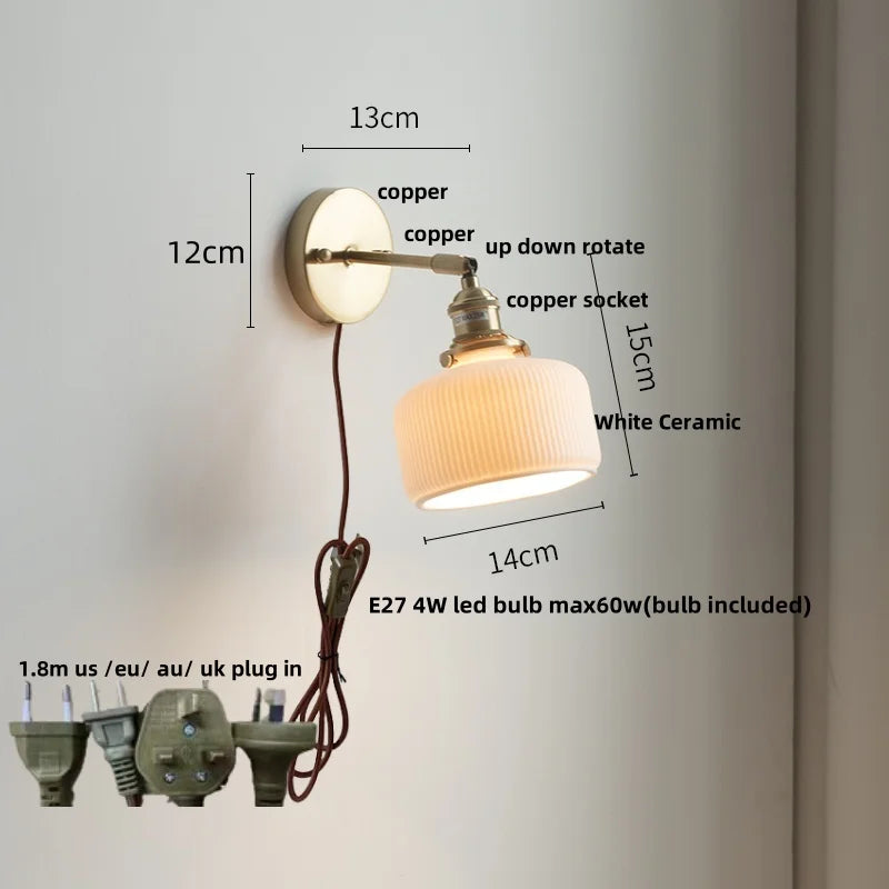 DecorBites™ Copper Wall Light Fixture Bedroom Bedside Sconce White Ceramic Lamp