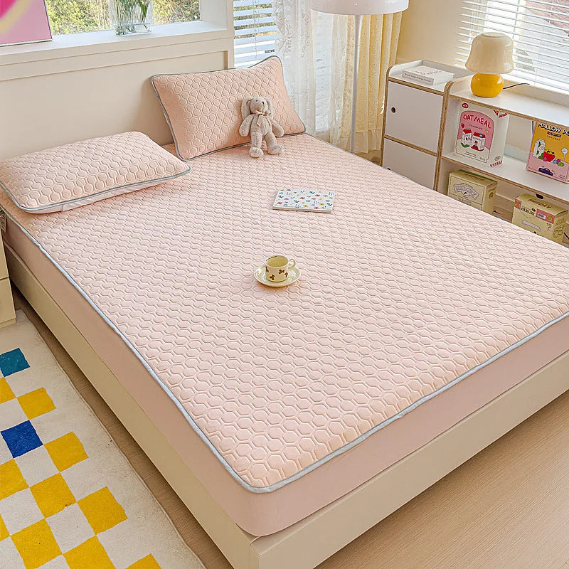 DecorBites™ Cool Silk Latex Fitted Sheet Set with Pillowcases, Summer Ice Silk, Single Double Bed