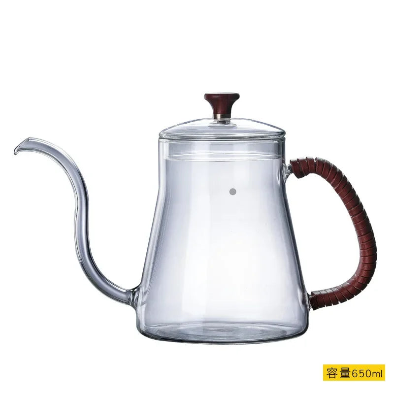 DecorBites™ Glass Goose Beak Kettle | Stainless Steel | Wooden Handle