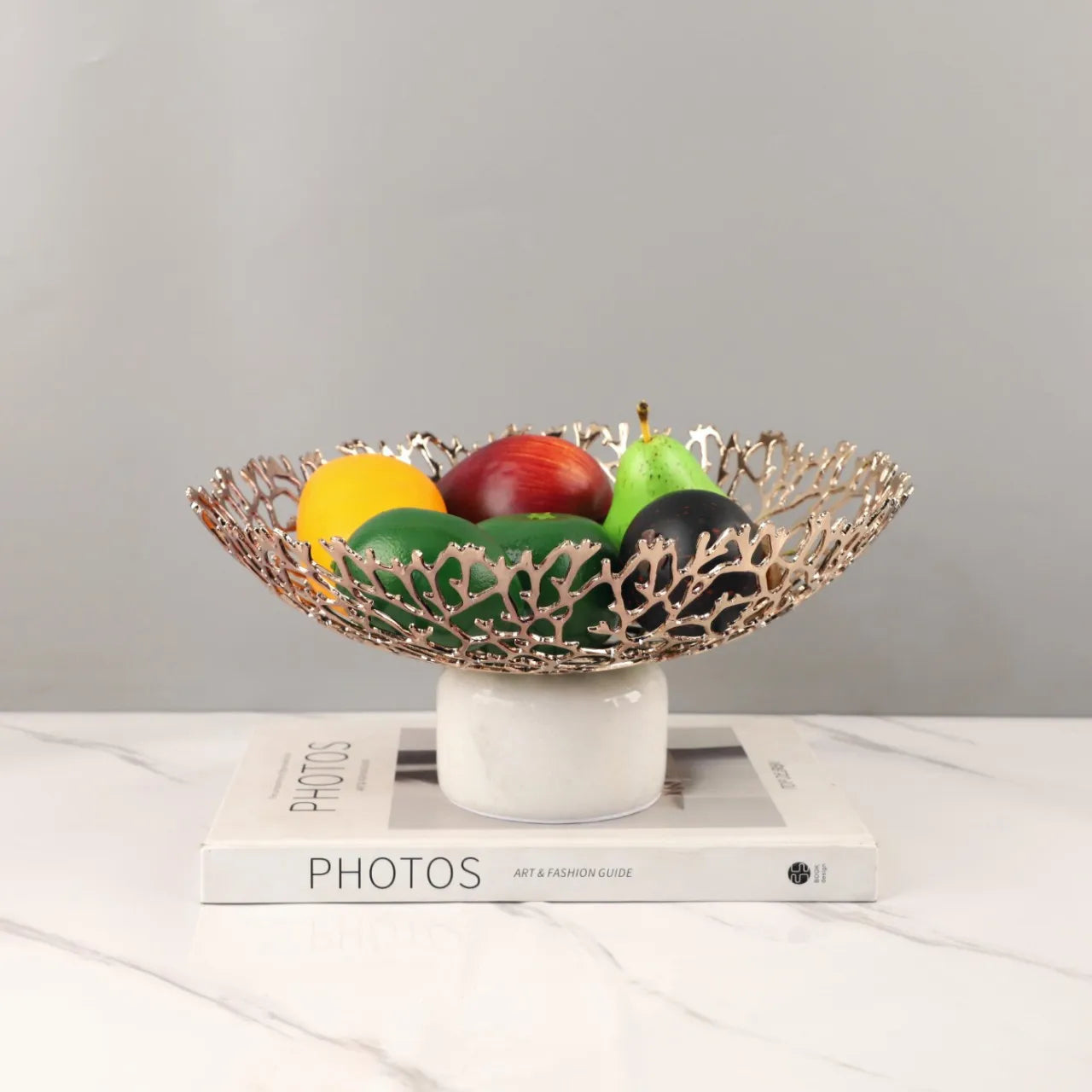 DecorBites™ Coral Disc Pedestal | Metal Tray Marble Base Fruit Plate Gold Compote