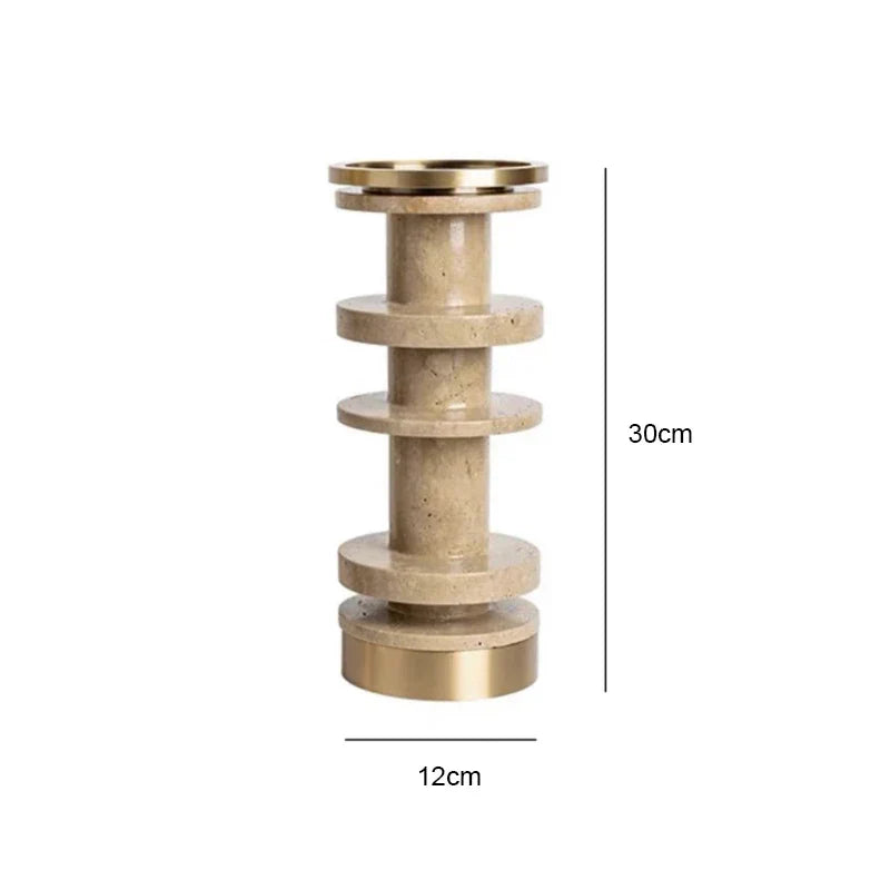 DecorBites™ Beige Brown Travertine Marble Candle Holder with Metal Base