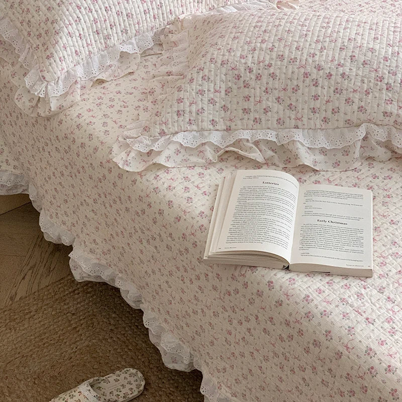 DecorBites™ Korean Princess Floral Lace Ruffles Bedspread Set with 100% Cotton Quilting