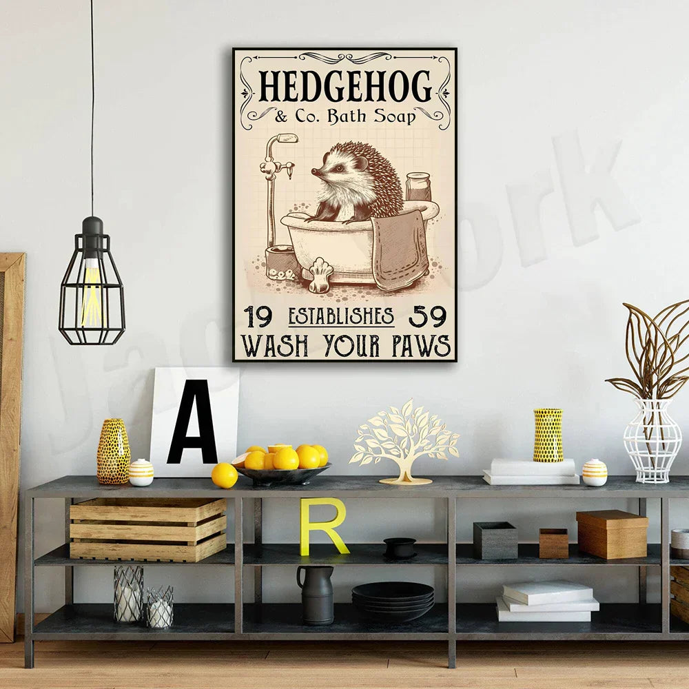 DecorBites™ Hedgehog Bath Soap Paws Poster - Funny Bathroom Decor