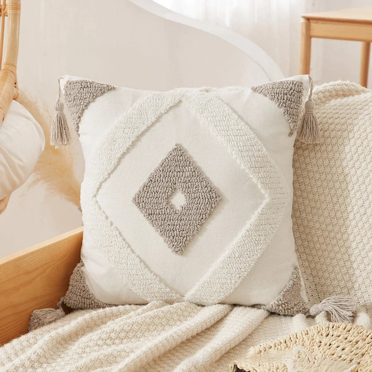 DecorBites™ Boho Beige White Embroidered Pillow Cases Set