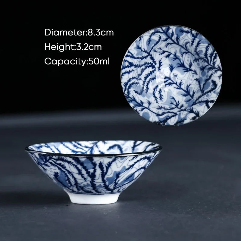 DecorBites™ Blue & White Ceramic Kung Fu Tea Cup, Japanese Style Porcelain Sake Espresso Mug