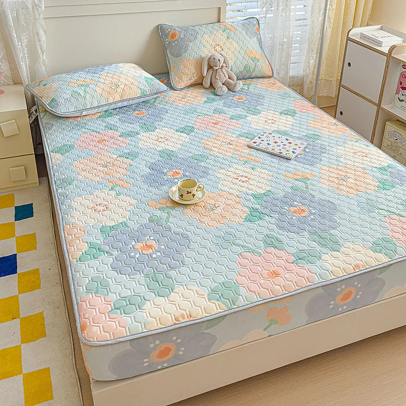 DecorBites™ Cool Silk Latex Fitted Sheet Set with Pillowcases, Summer Ice Silk, Single Double Bed