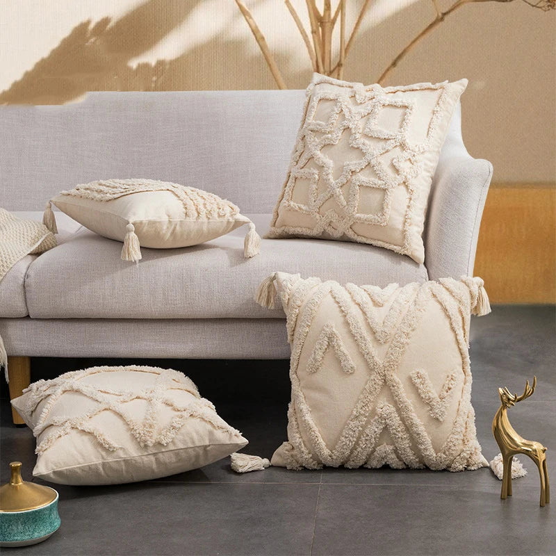 DecorBites™ Geometric Tufted Fringed Cushion Cover for Stylish Home Decor