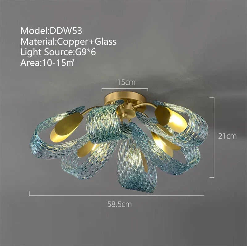 DecorBites™ LED Art Deco Blue Peacock Leaf Copper Ceiling Chandelier for Living Room