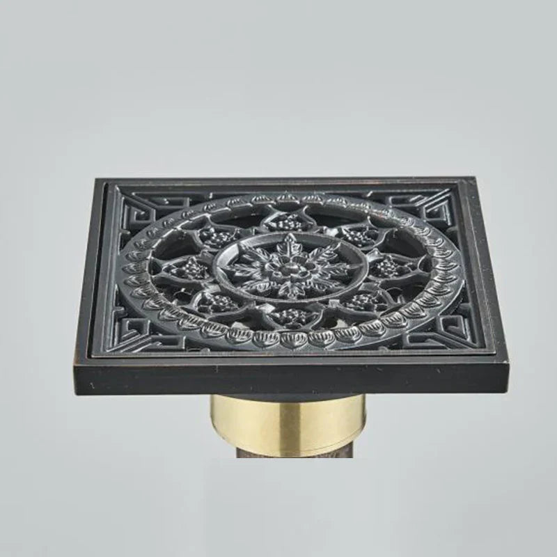 DecorBites™ Antique Brass Square Fish Carved Bathroom Floor Drain Hair Strainer