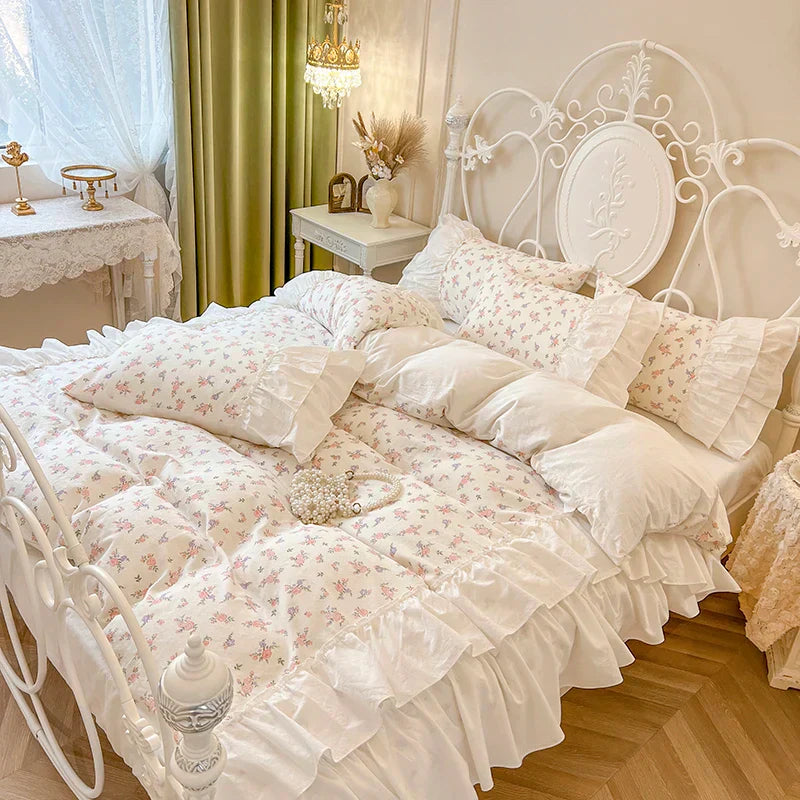 DecorBites™ Cotton Floral Print Bedding Set with Pleat Lace Ruffles, 4-Piece Ensemble