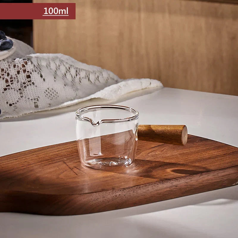DecorBites™ Glass Espresso Measuring Cup with Wood Handle, Transparent Milk Jug