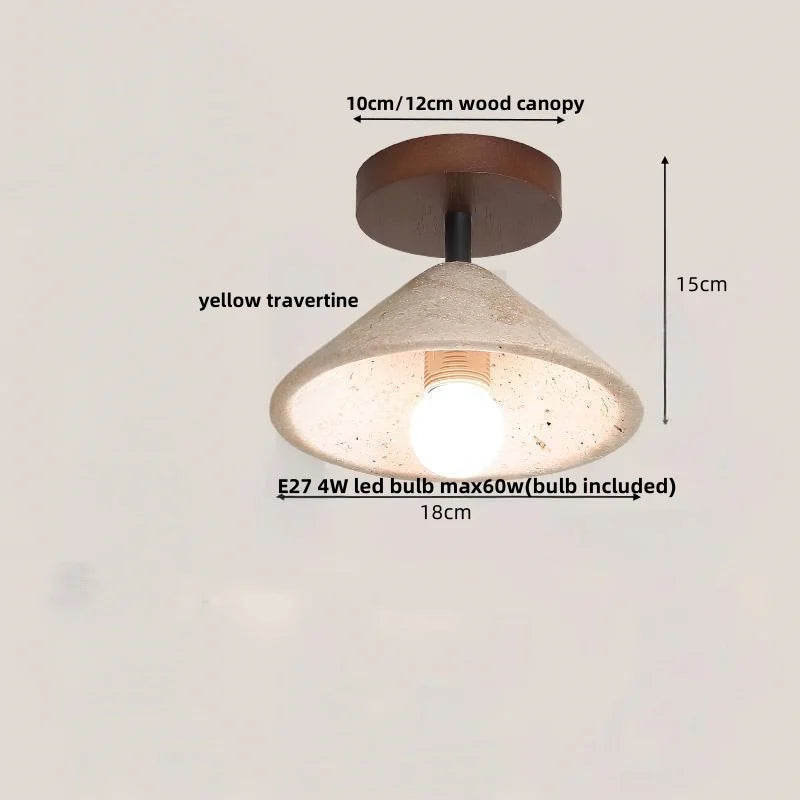 DecorBites™ Japan Style LED Ceiling Light Yellow Travertine Stone Wood Base Bedroom Luminaire