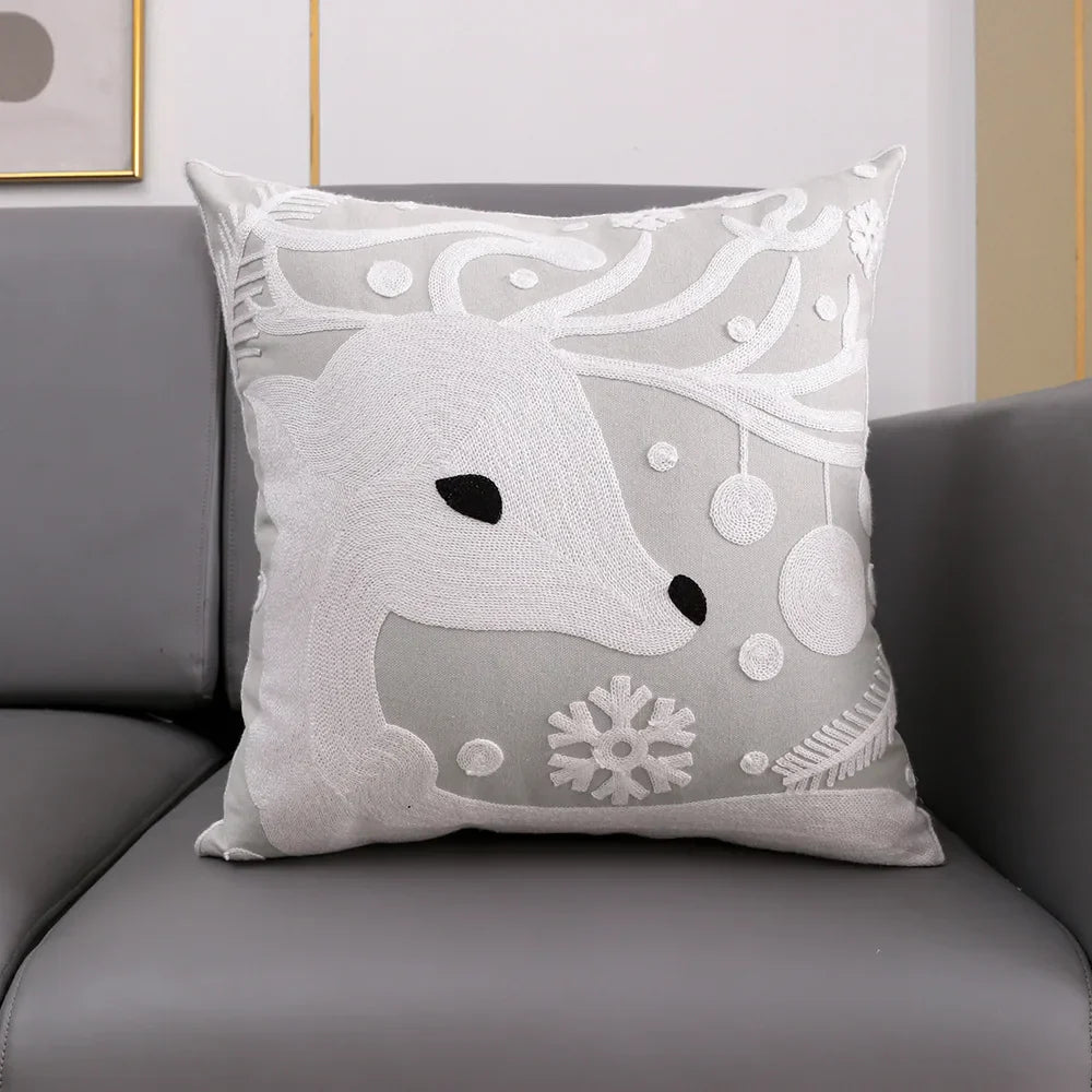 DecorBites™ Christmas Snowflake Deer Cushion Cover Green Red Square Embroidery Pillow Case 45x45cm