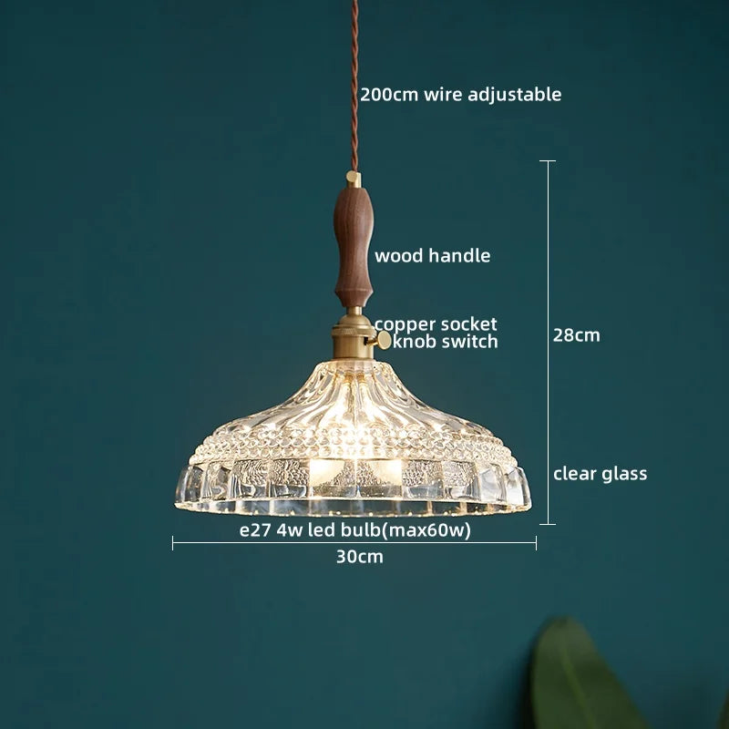 DecorBites™ LED Pendant Light Fixture Wood Handle Clear Glass Modern Hanging Lamp