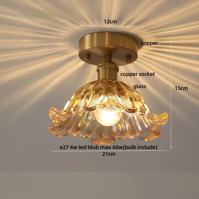 DecorBites™ Wood Copper LED Ceiling Light Amber Glass Plafond Lamp